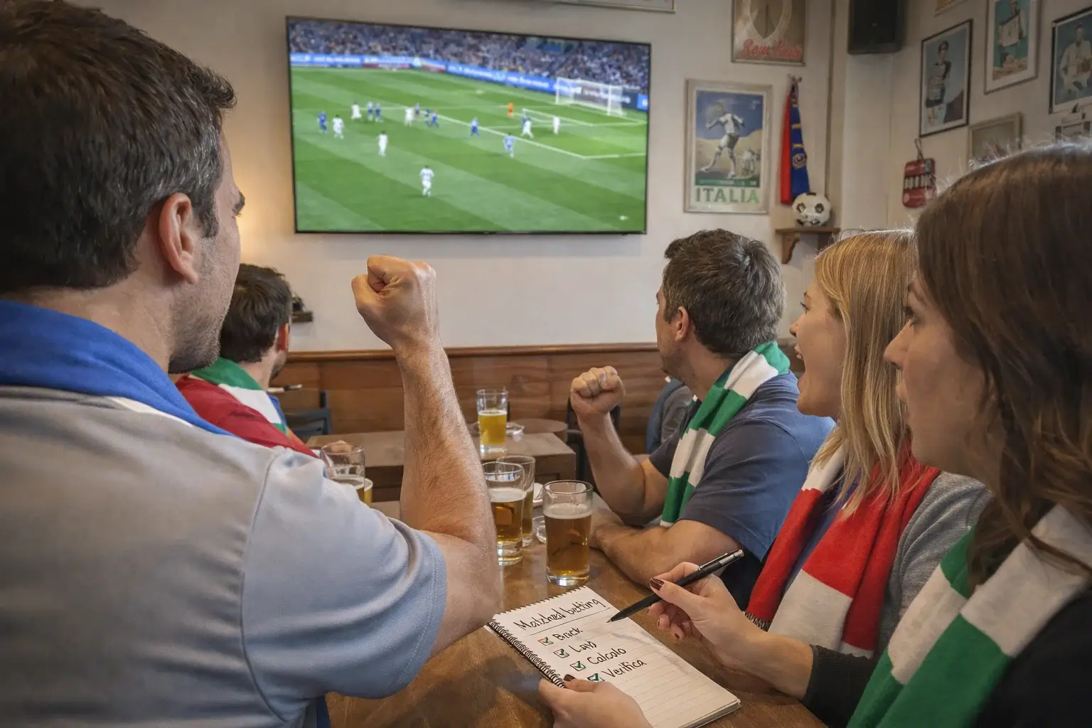 Tifosi che guardano una partita di calcio su un grande schermo in un locale