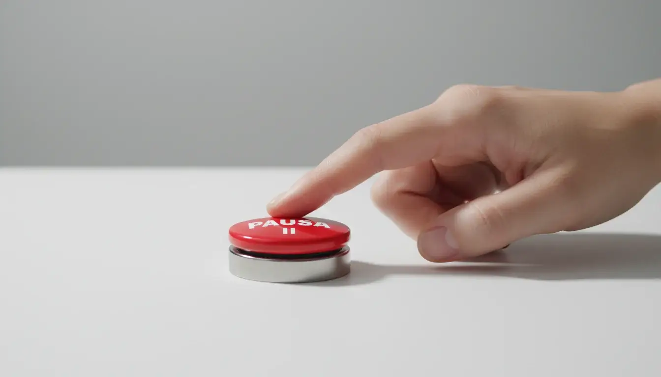 Mano che preme un pulsante di pausa simbolico