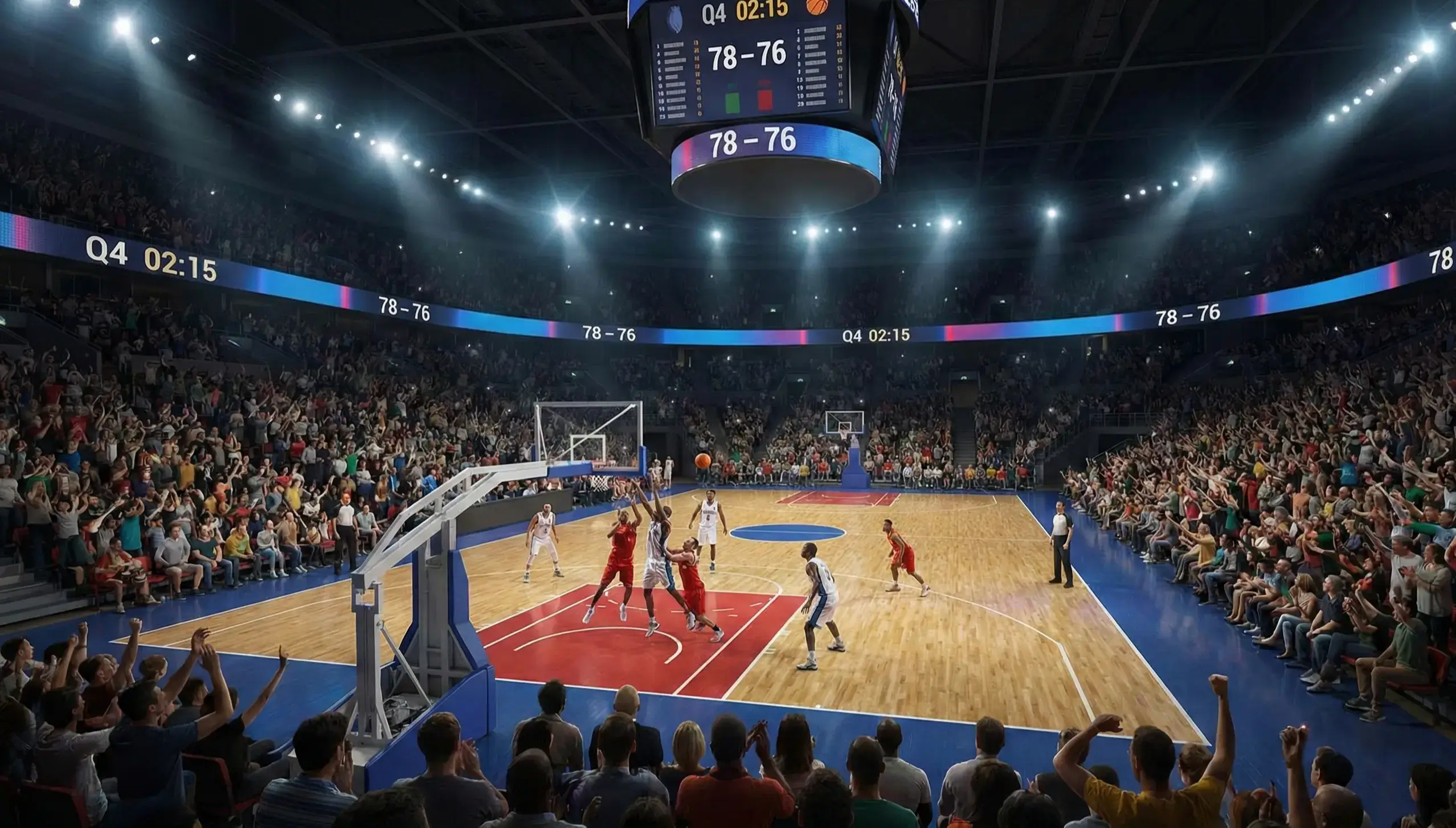 Interno di un palazzetto durante una partita di basket con tifosi sugli spalti