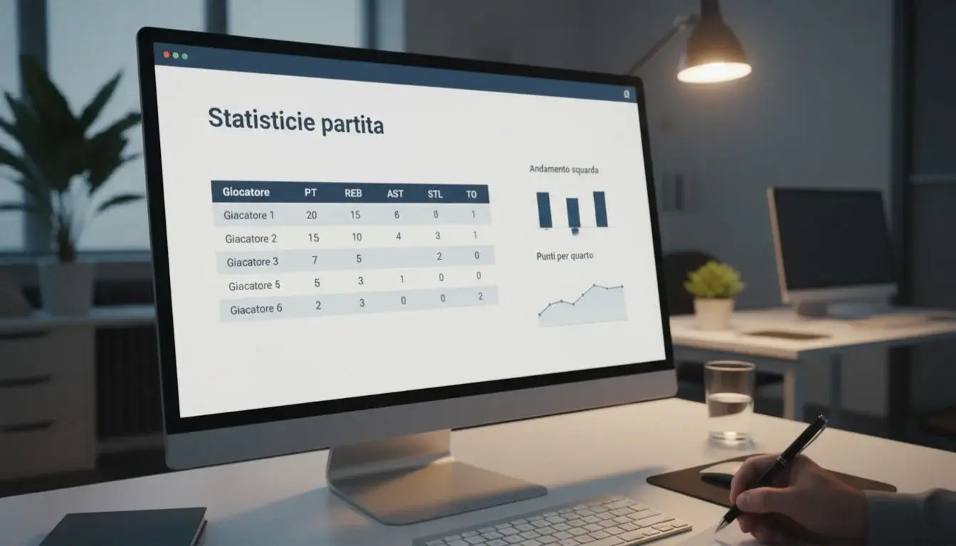 Schermo che mostra statistiche dettagliate di una partita di basket