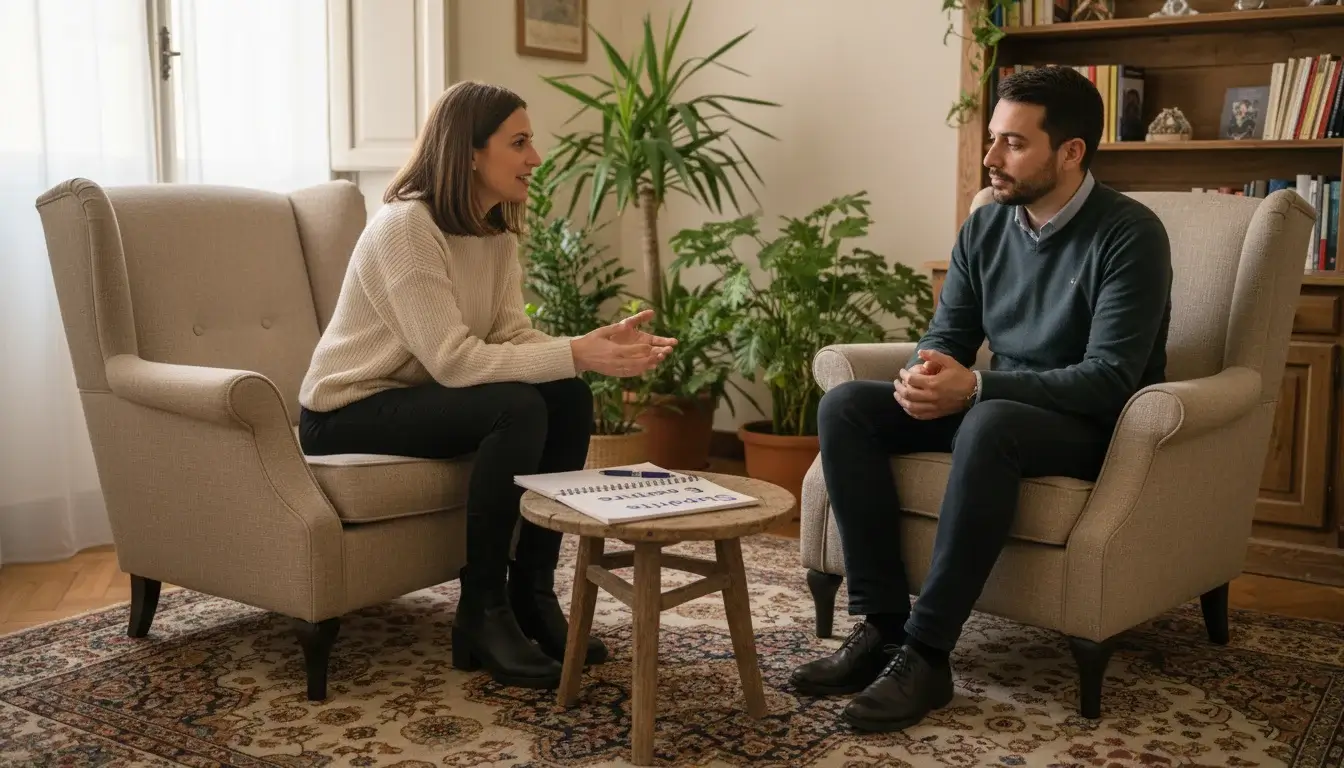 Persona che parla con un professionista in un ambiente accogliente
