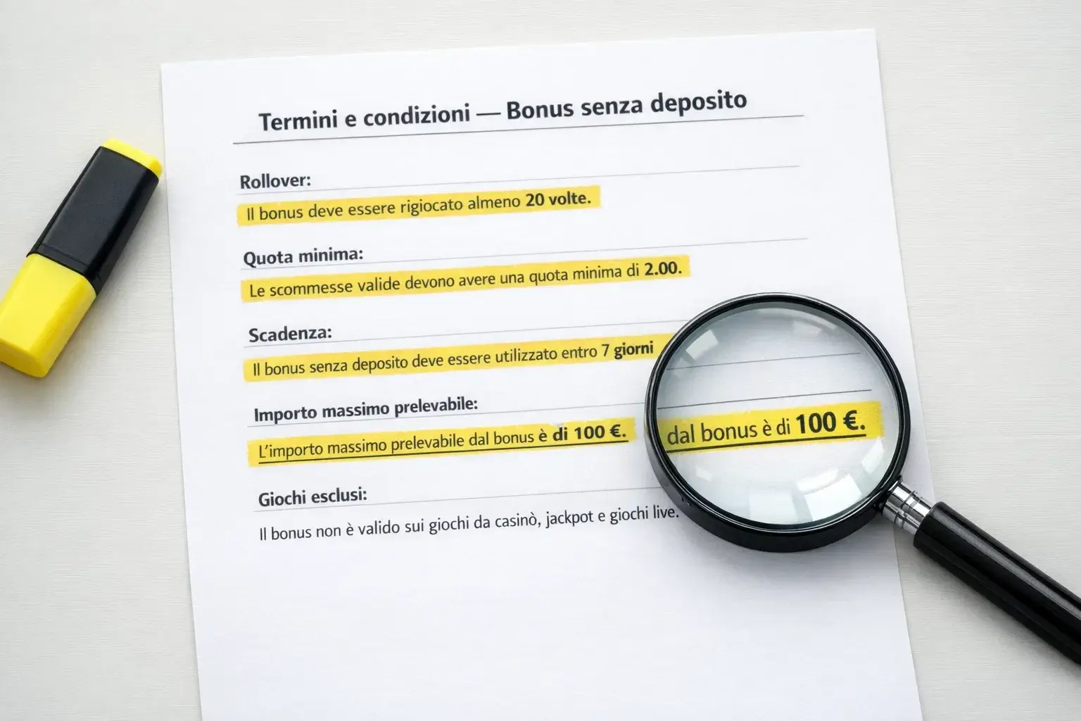 Documento con termini e condizioni di un bonus evidenziato