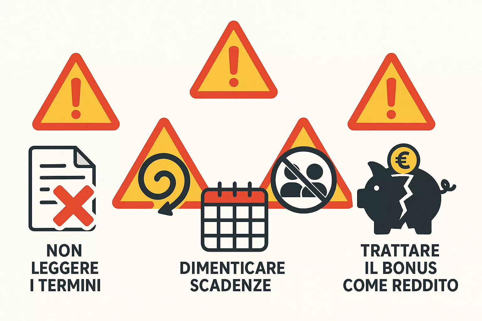 Illustrazione degli errori comuni con i bonus scommesse: non leggere i termini, inseguire le perdite, dimenticare scadenze