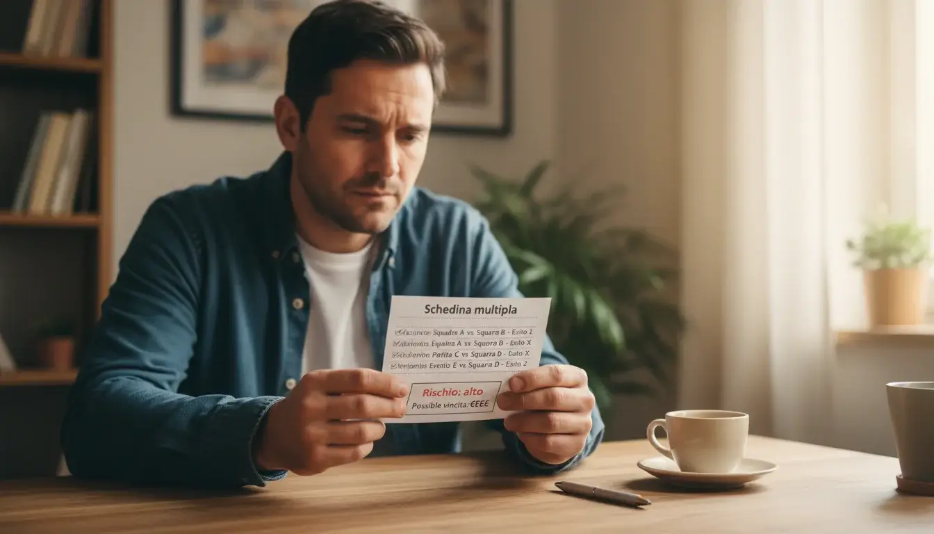 Persona che riflette davanti a una schedina di scommesse