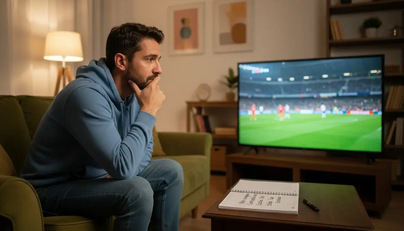 Tifoso pensieroso che guarda una partita di calcio