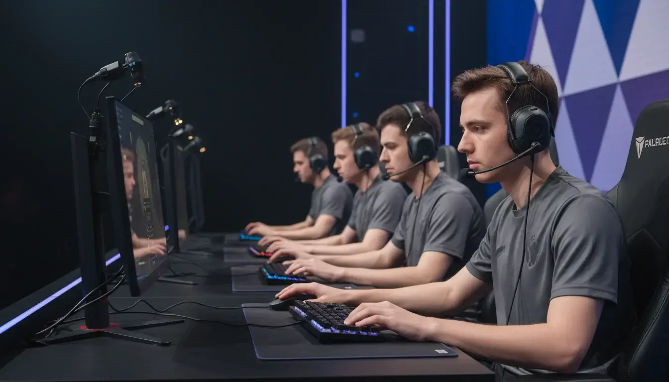 Team di eSport durante una competizione ufficiale con cuffie e monitor gaming