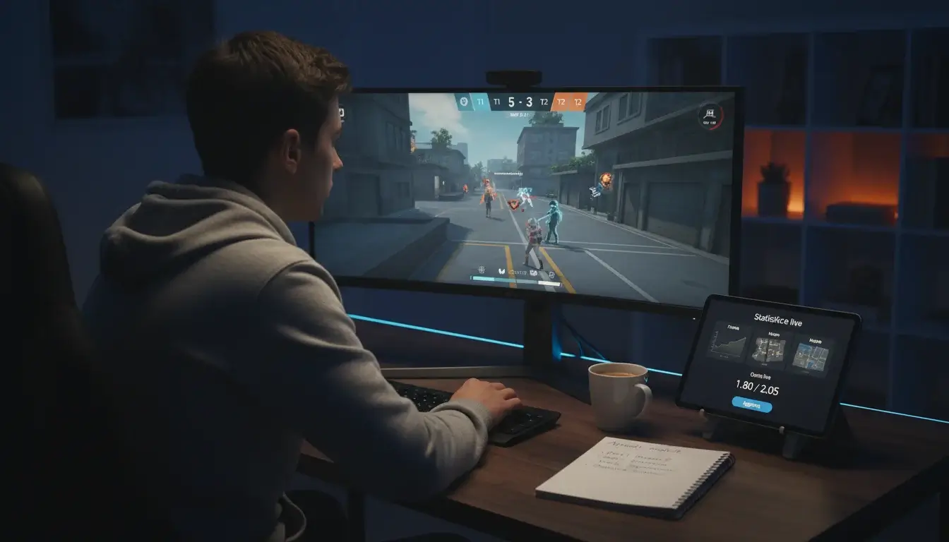 Persona che guarda una partita di eSport in streaming su monitor con statistiche