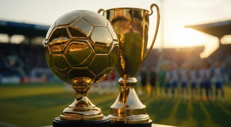 Trofeo di campionato con squadre sullo sfondo