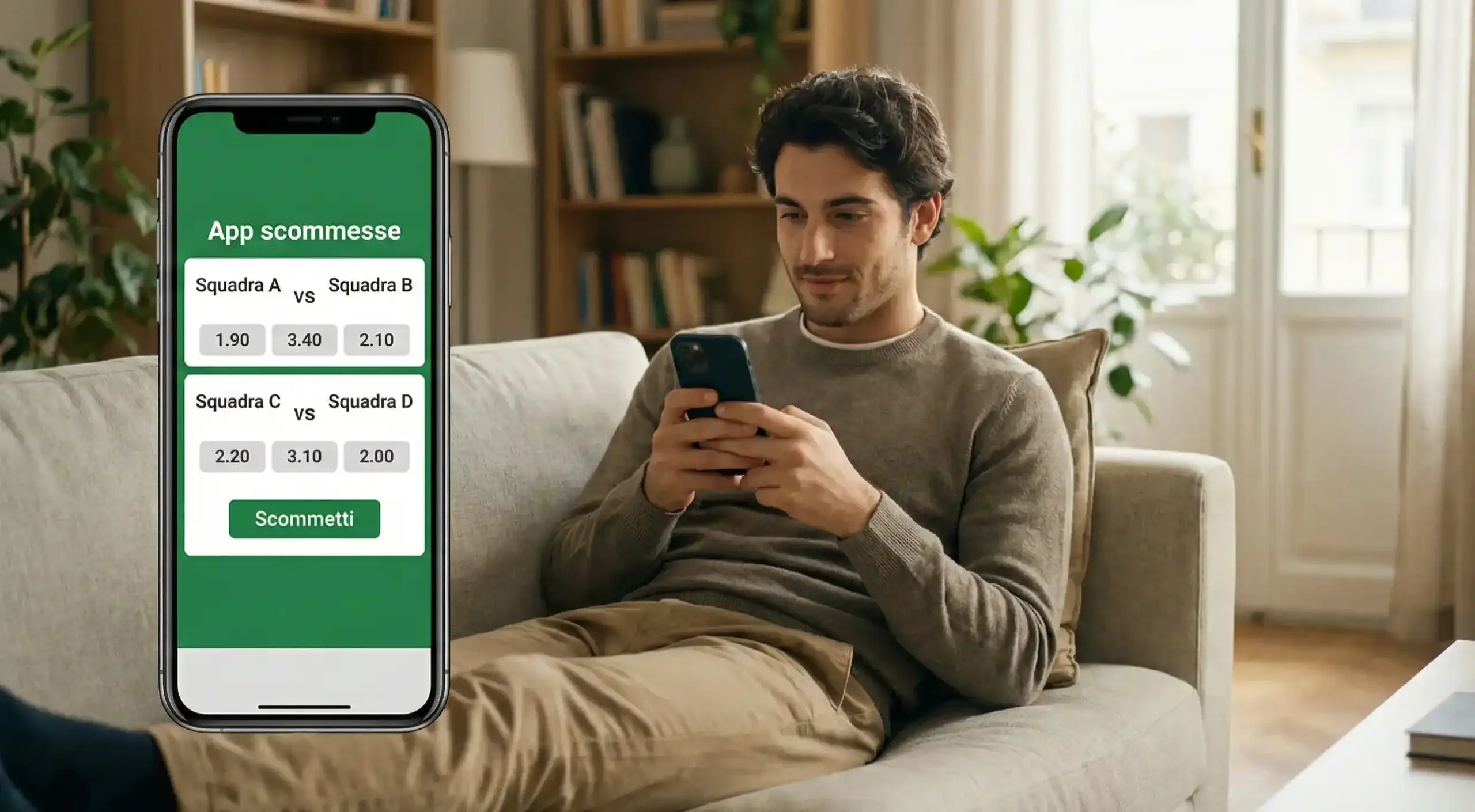 Persona che utilizza un'app di scommesse sportive su smartphone