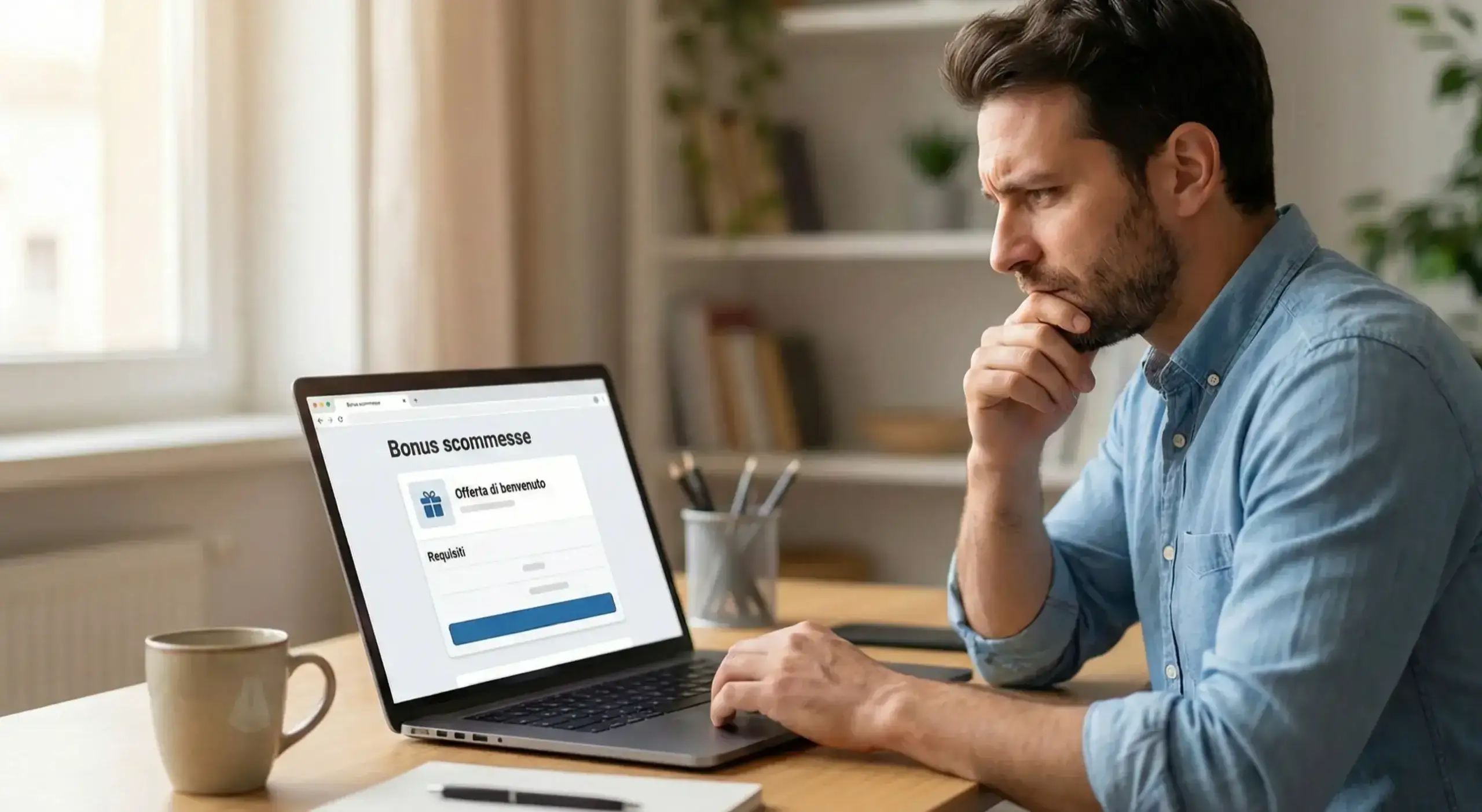 Persona che valuta attentamente un'offerta promozionale su schermo