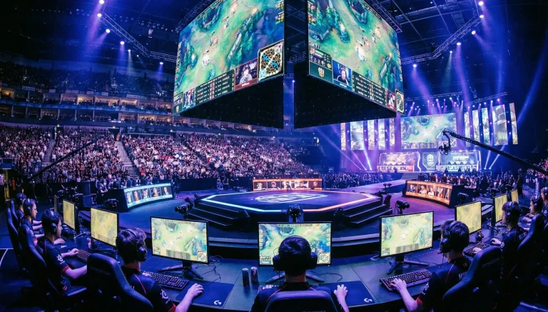 Arena di eSport con giocatori professionisti alle postazioni gaming
