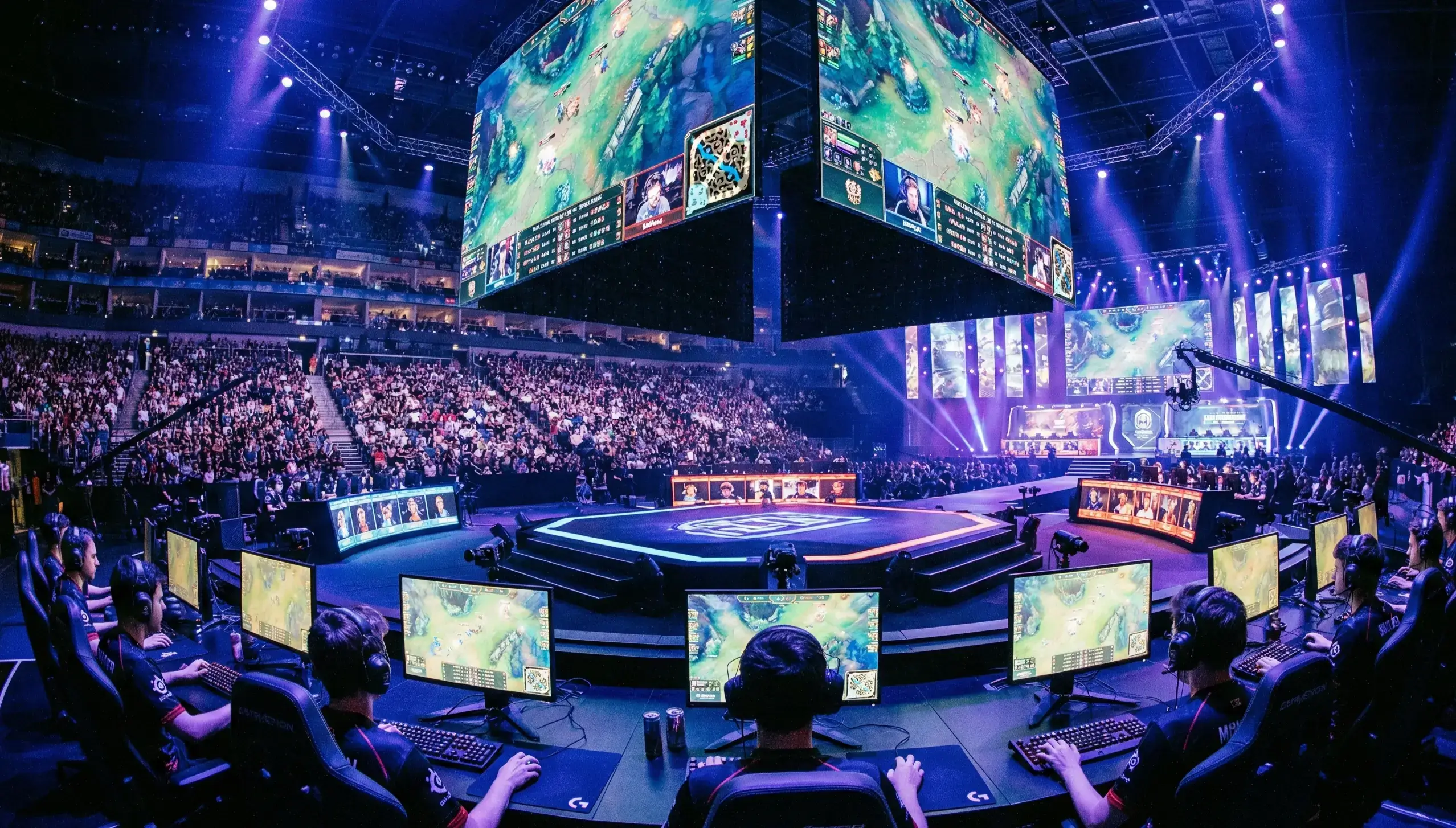 Arena di eSport con giocatori professionisti alle postazioni gaming