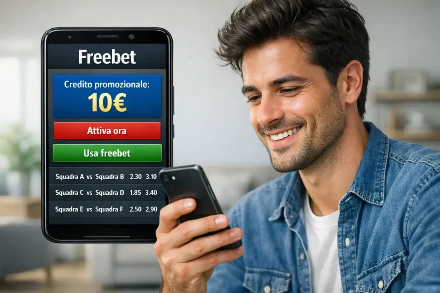 Persona che utilizza una scommessa gratuita su smartphone