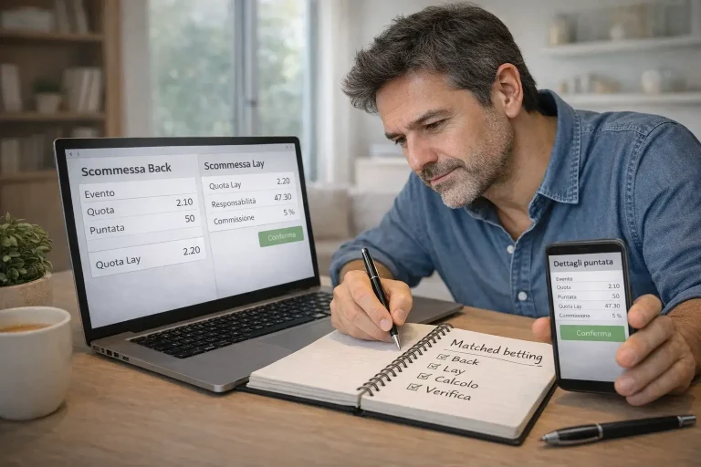 Persona che utilizza computer e smartphone per il matched betting