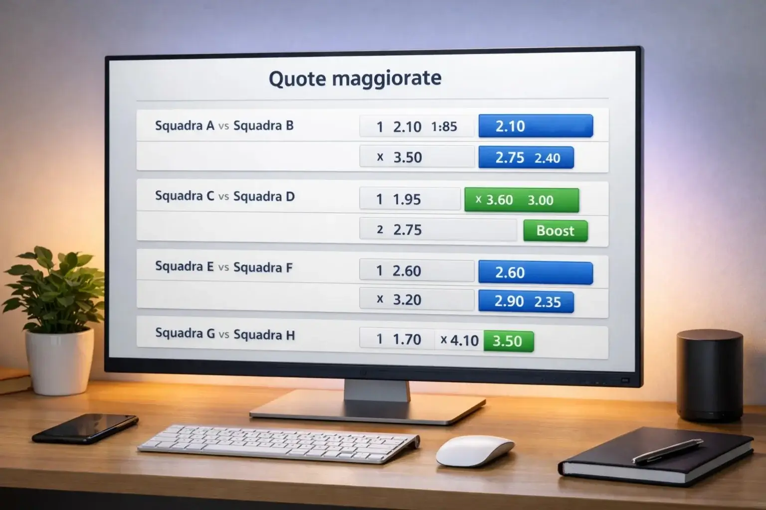 Schermo che mostra quote potenziate su eventi sportivi