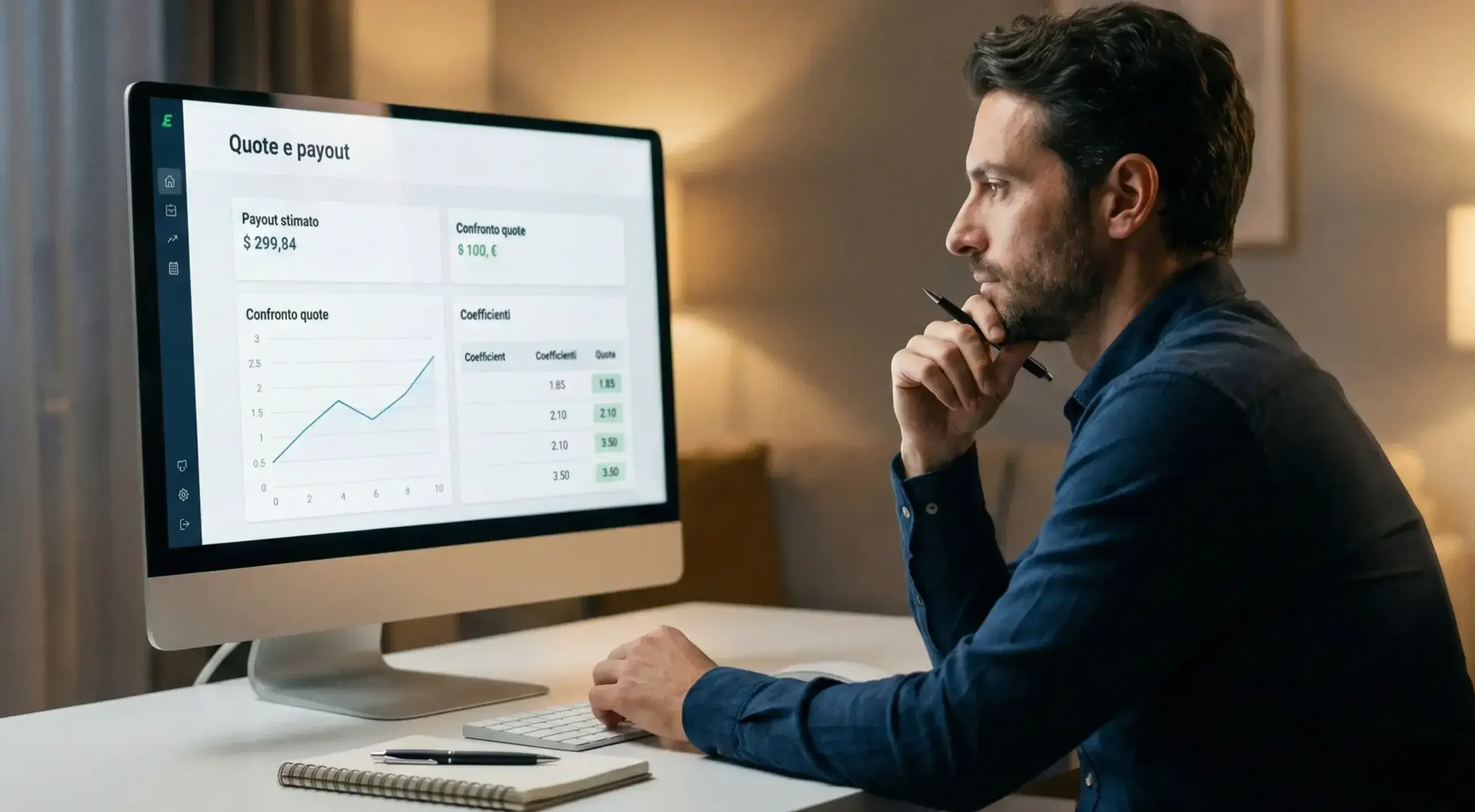 Analista che studia quote sportive su uno schermo