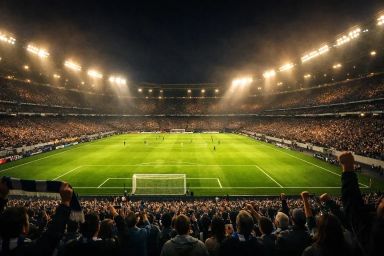 Stadio di calcio italiano illuminato durante una partita serale di Serie A