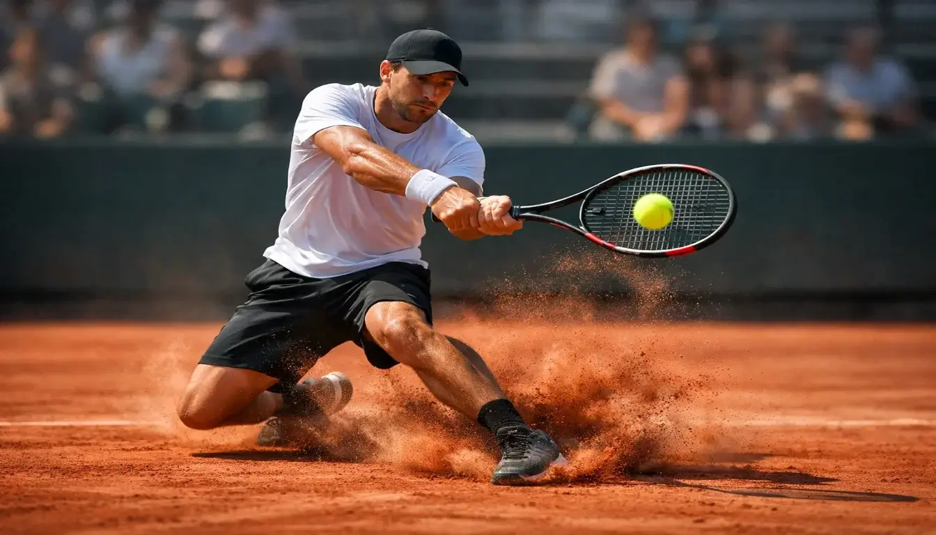 Giocatore di tennis professionista in azione su un campo in terra battuta