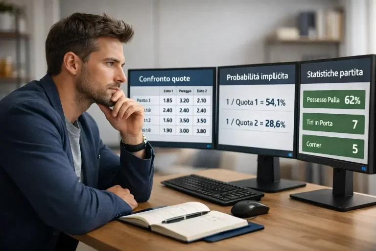 Analista che studia quote e probabilità su più schermi