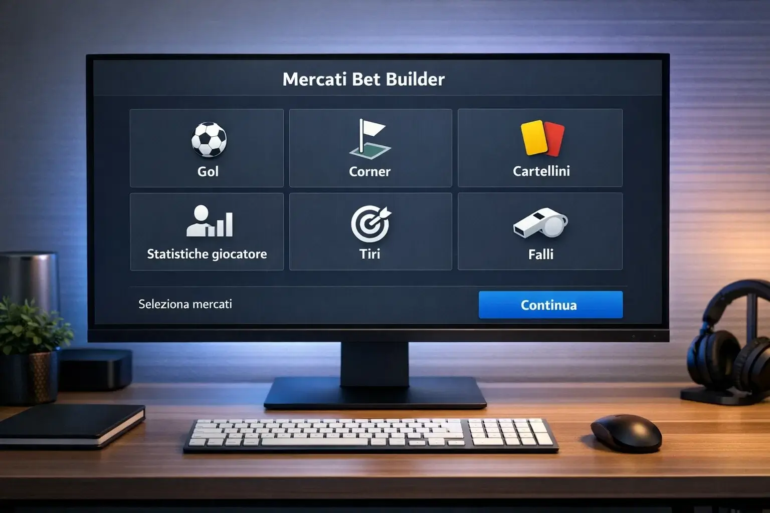 Schermo che mostra diversi mercati di scommessa disponibili per una partita