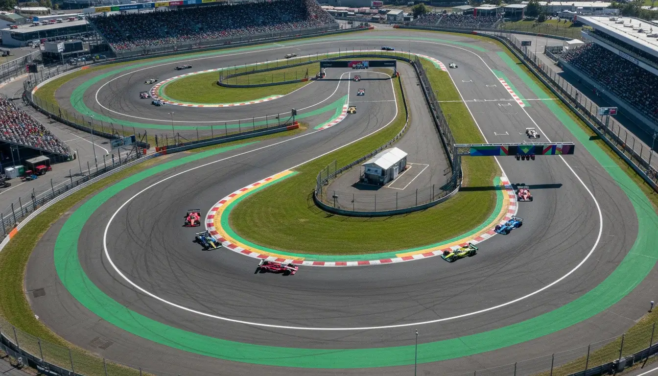 Veduta aerea di un circuito automobilistico durante una gara