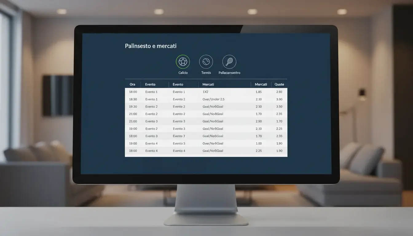 Schermo che mostra diversi eventi sportivi e mercati di scommesse