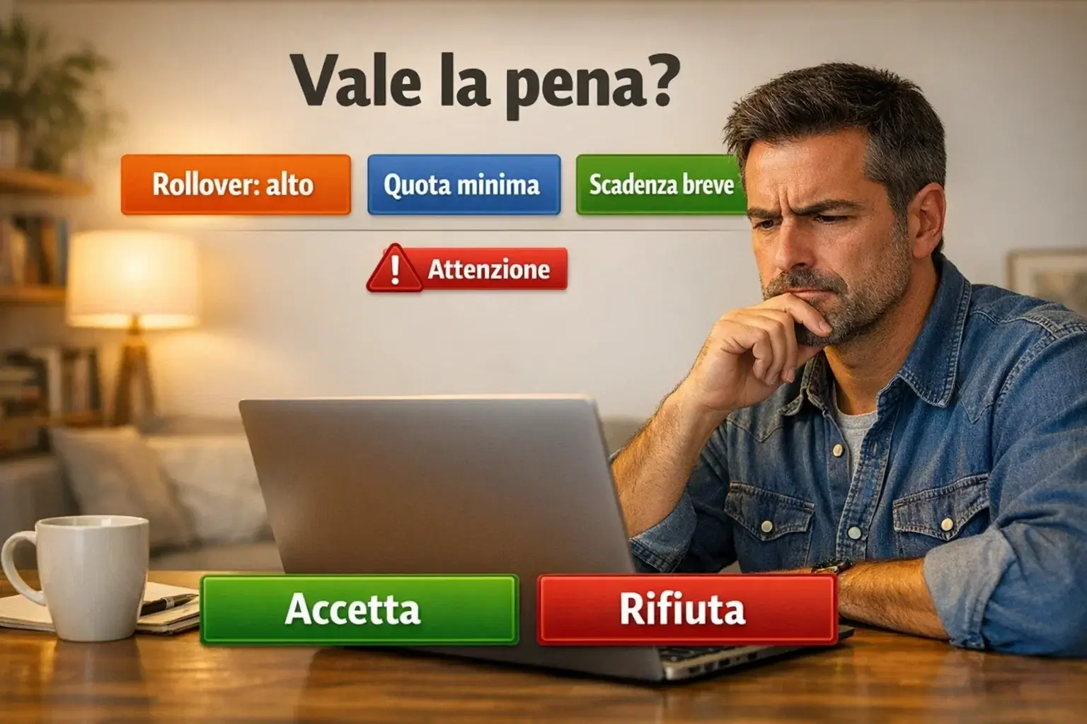 Persona che valuta attentamente un'offerta di bonus complessa