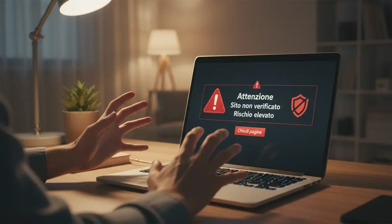 Schermo del computer con segnali di avvertimento su un sito sospetto