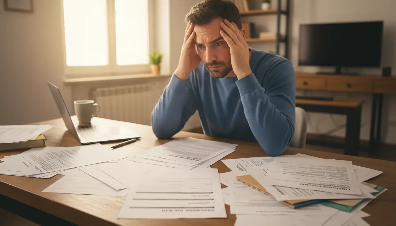 Persona preoccupata che esamina documenti fiscali complessi