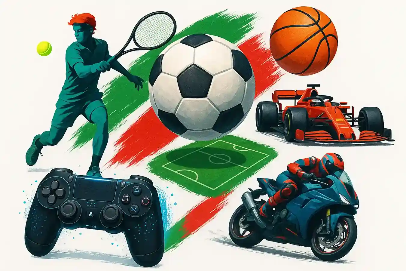 Collage degli sport più popolari per le scommesse in Italia - calcio, tennis, basket, Formula 1, MotoGP ed eSport