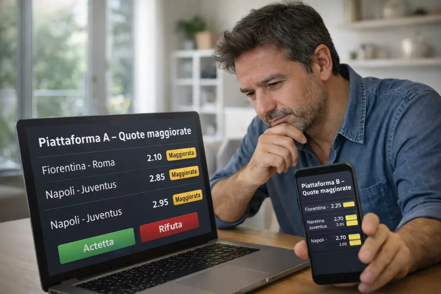 Persona che confronta quote su diversi dispositivi