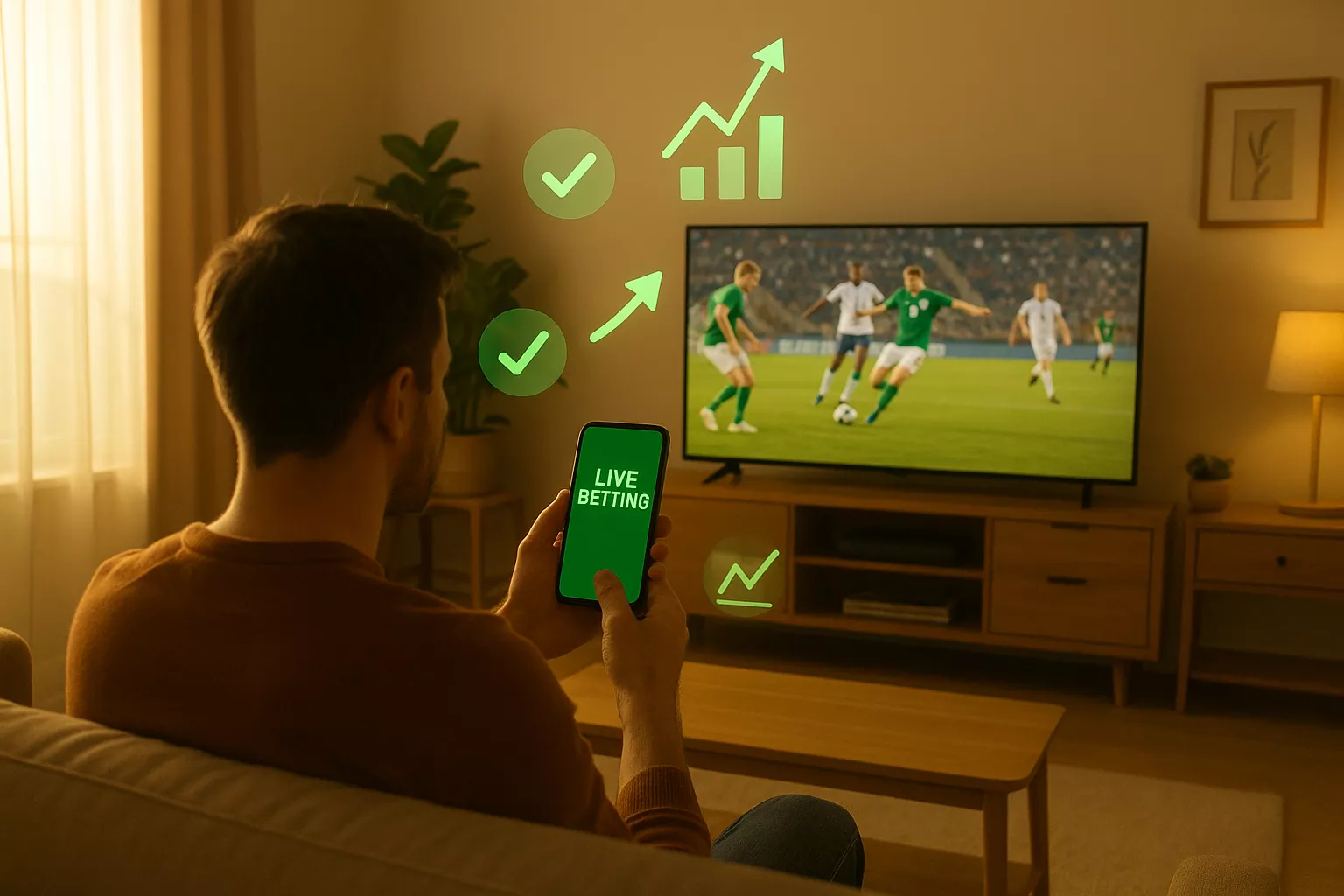 Vantaggi delle scommesse live: persona che analizza una partita in tempo reale con dati statistici e grafici